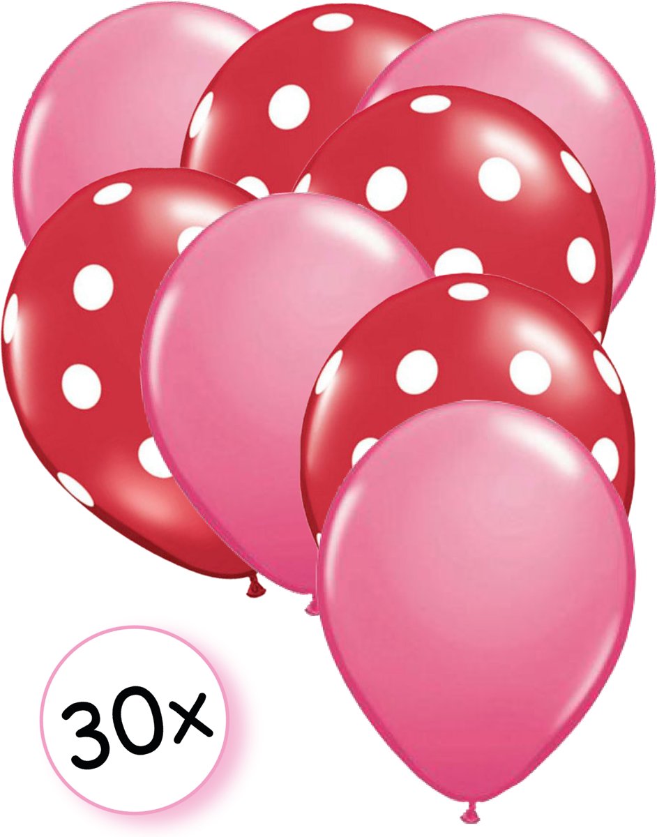 Ballonnen Roze & Dots Rood-Wit 30 stuks 27 cm